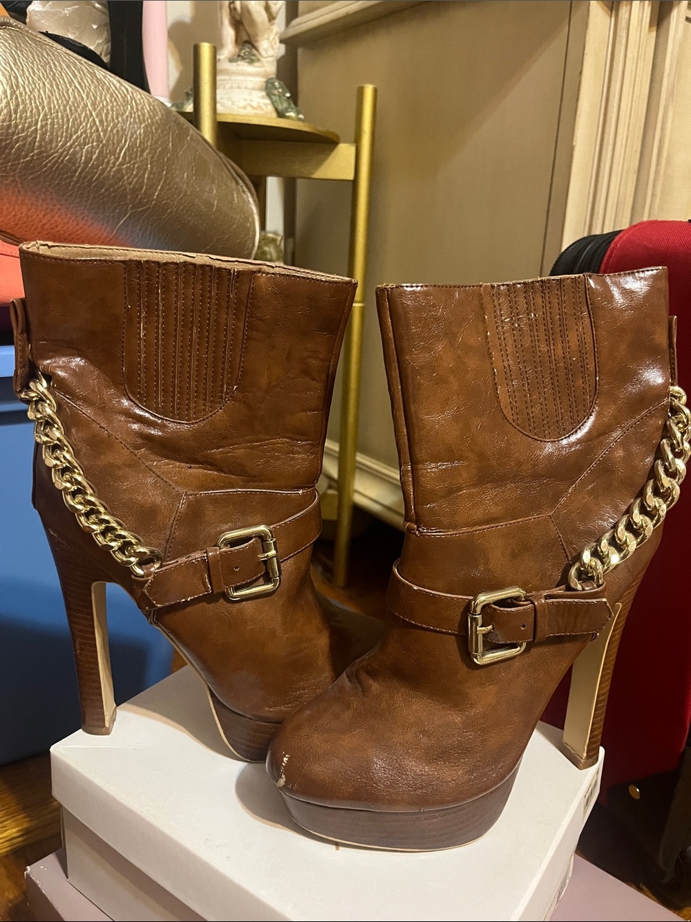 Colin Stuart Women’s Brown High-Heel Chain Buckle Ankle Boots